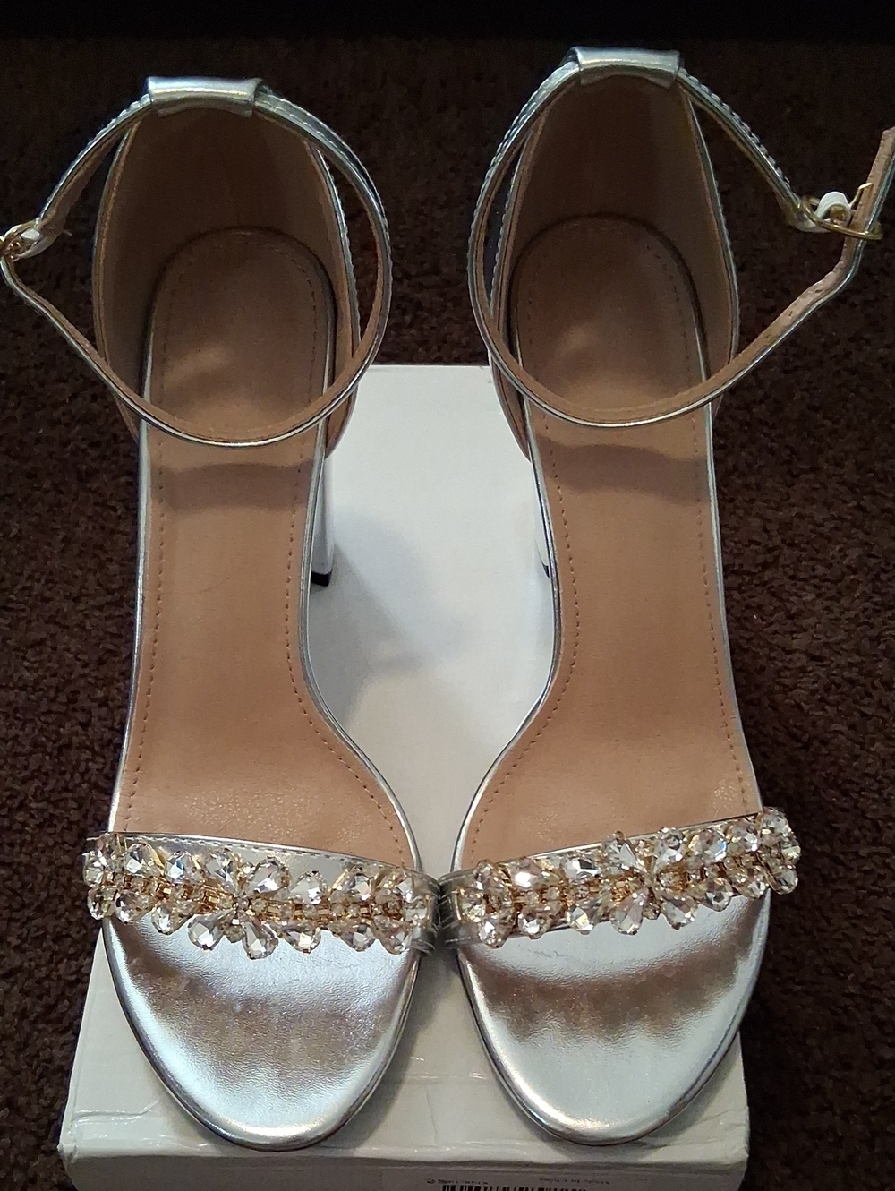 Women's Silver Ankle-Strap Heels with Crystal Embellishment